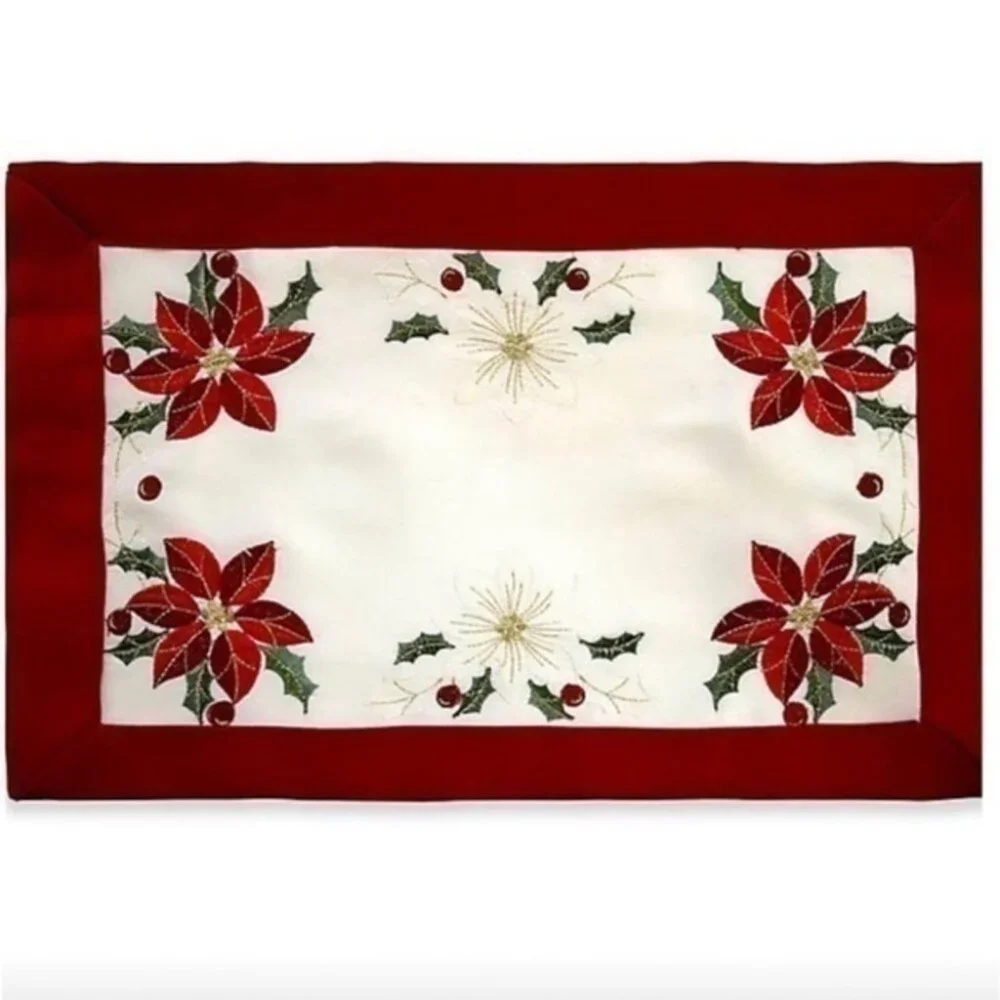 6PC Poinsettia Embroidery Bordered Placemat NEW